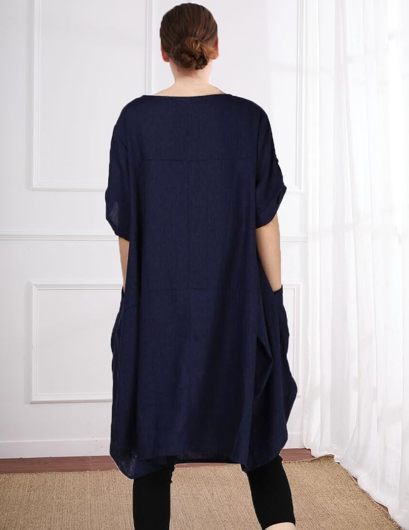 Minibee Women's Ruffle Oversize Casual Midi Dresses with Pockets Navy Blue M - Image 3